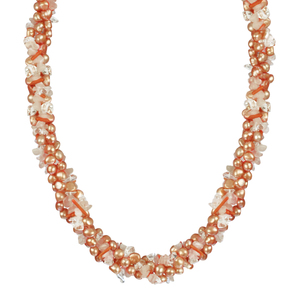 2 Strand Freshwater Pearl and Rose Quartz Chip Twister Necklace, 36"