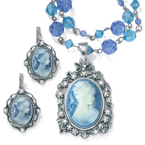 PalmBeach Jewelry Simulated Cameo and Simulated Pearl Accent Silvertone Antique Finish 2-Piece Cameo Jewelry Set