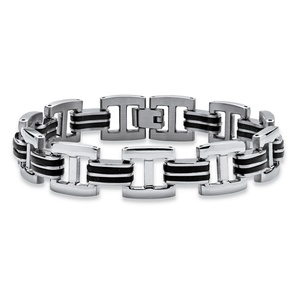 PalmBeach Jewelry Men's Two-Tone Bar-Link Bracelet in Stainless Steel and Black Rubber 8 3/4"