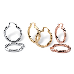 PalmBeach Jewelry Tri-Tone 3-Pair Set of Hoop Earrings in Gold Tone, Rose Tone and Silvertone 1.5"