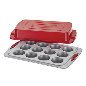 Cake Boss 12 Cup Covered Cupcake Pan w/ Red Silicone Grips