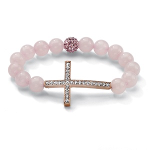 PalmBeach Jewelry Round Genuine Rose Quartz Crystal Accent Rosetone Horizontal Cross Stretch Bracelet 8&quot;