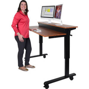 60" Split-Level Crank Adjustable Stand-Up Desk (Teak Desk, Black Frame)