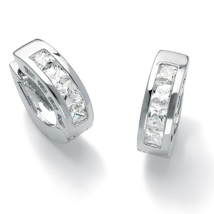 PalmBeach Jewelry 2.96 TCW Princess-Cut Cubic Zirconia Channel-Set Huggie-Style Hoop Earrings in Silvertone