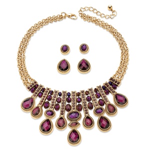 PalmBeach Jewelry Pear-Cut and Oval Simulated Amethyst Necklace and 2-Pair Stud Earrings Set in Gold Tone 18"-22"