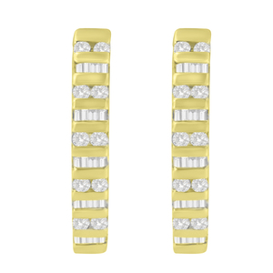10k Yellow Gold 1 CTW Round and Baguette Diamond Hoop Earrings(I-J, I2-I3)