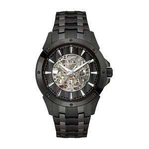 Mens Automatic Black Stainless Steel Watch Open Skeleton Dial