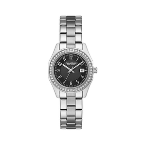 Ladies Silver & Gray Stainless Steel Crystal Watch Black Dial