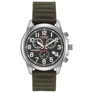 Mens Chronograph Eco-Drive Watch w/ Green Canvas Strap