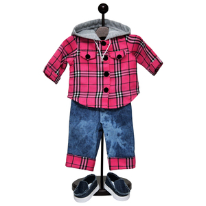The Queen's Treasures 18 Inch Doll Clothes Outfit & Shoes, Farm Girl Pink Flannel Shirt, Jeans & Denim Shoes fits American Girl