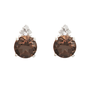 Ladies Sterling Silver 8mm Round Genuine Smokey Quartz Gemstone and .10 cttw Diamond Earrings