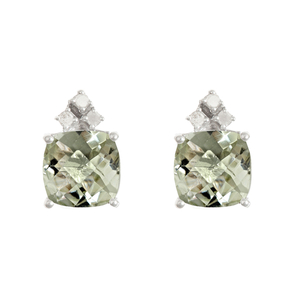 Ladies Sterling Silver 8mm Cushion Cut Genuine Green Amethyst Gemstone and .10 cttw Diamond Earrings