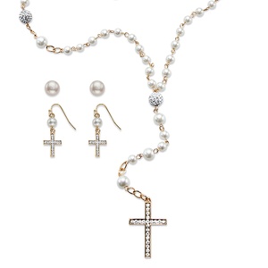 PalmBeach Jewelry Simulated Pearl and Crystal Gold Tone Three-Piece Necklace and 2-Pair Earrings Rosary Set 21&quot;