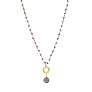 Genuine Faceted Amethyst Rondelle Wrapped Chain w/ CZ & Amethyst Heart Pendant Gold Over Silver, 18" Necklace
