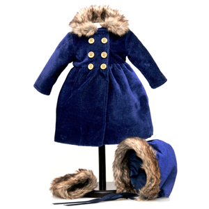 The Queen's Treasures 18 Inch Doll Clothes Outfit, Blue Velvet 1800's Style Winter Fur Trimmed Coat, Hat,  & Faux Fur Muff