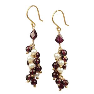 Garnet and White Pearl Cluster With Gold Plated Sterling Silver Earrings