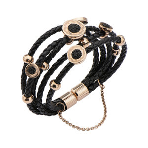 Inox Jewelry Black Leather & Black Pave Gem Bracelet with Rose Gold Ion Plated Stainless Steel