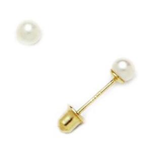 14k Yellow Gold White 3mm Freshwater Cultured Pearl Round Stud Screwback Earrings