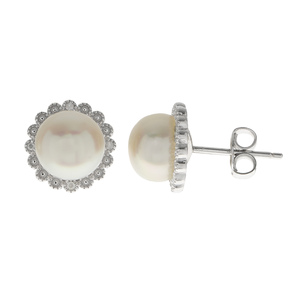 PearLustre by Imperial Sterling Silver FW Button Pearl and Diamond Earrings