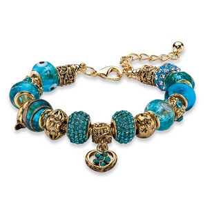 PalmBeach Jewelry Blue Crystal Bali-Style Beaded Charm Bracelet in Antiqued Gold Tone 8&quot;-10&quot;