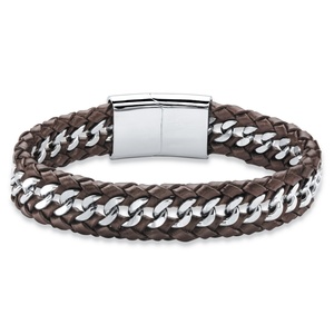 PalmBeach Jewelry Men's Brown Genuine Leather Braided Bracelet with Magnetic Closure in Stainless Steel 8.5&quot;