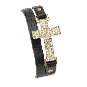PalmBeach Jewelry Crystal Accent Yellow Gold Tone Double-Wrap Leather Cross Bracelet Adjustable 6" to 8"